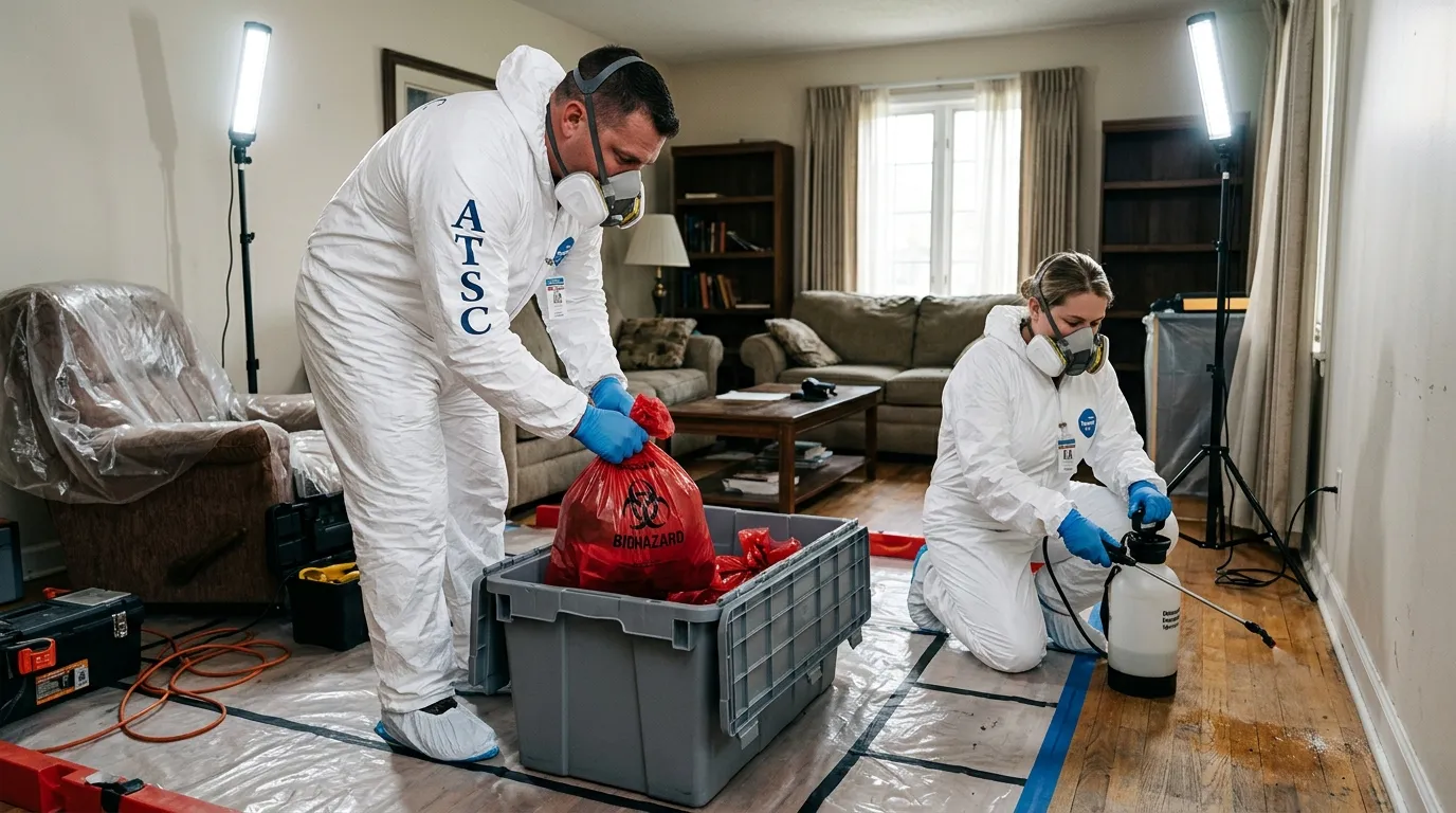 Professional Hoarding Cleanup technician in full PPE working in Ballwin